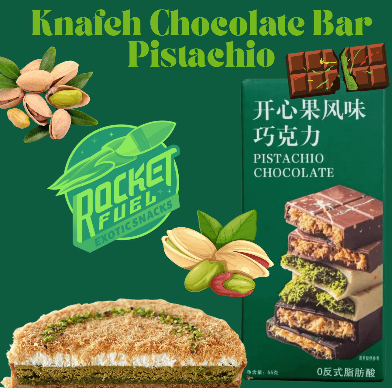  Knafeh Chocolate Bar Pistachio - Rocket Fuel Snack Chocolate